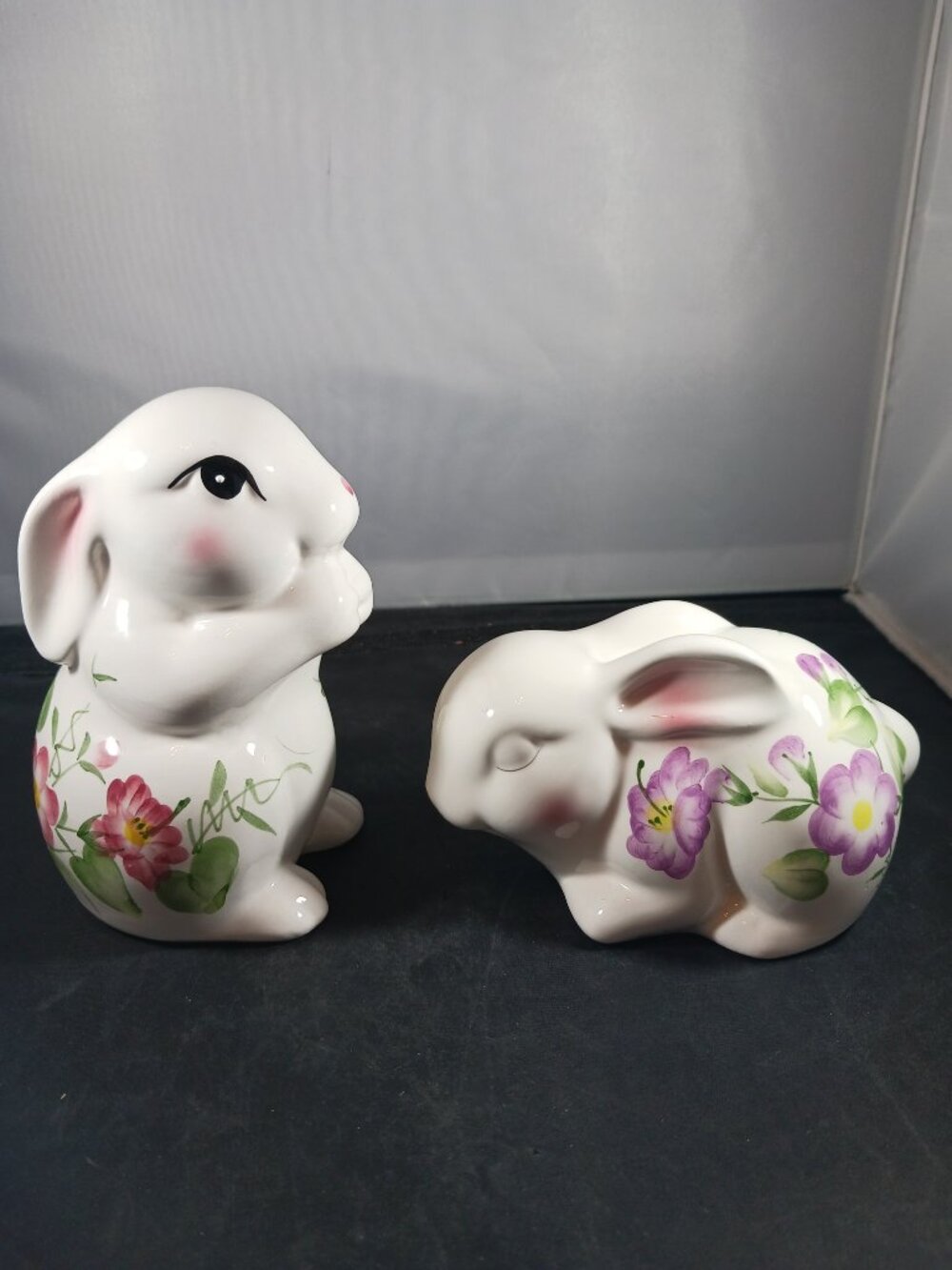 2 Vintage Ceramic Bunny Rabbit with Floral Print Body Purple Green